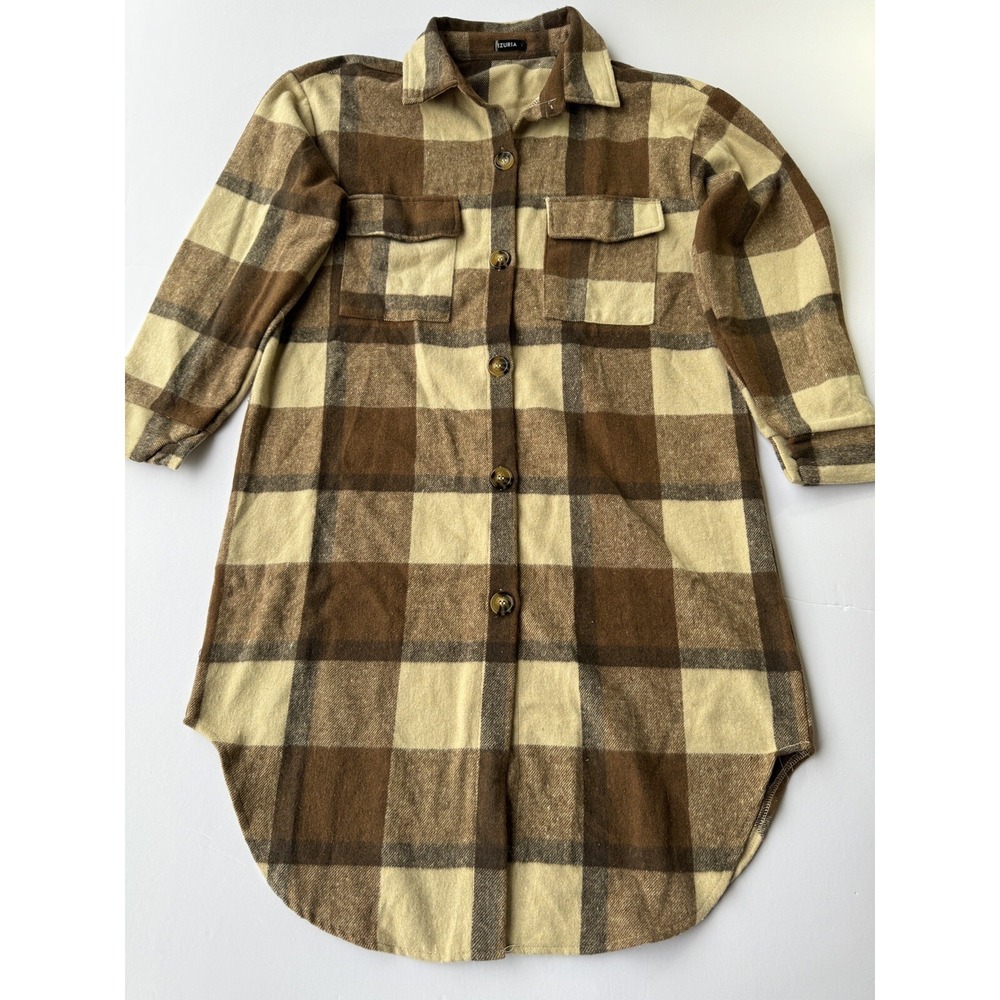 Izuria‎ Womens Casual Plaid Shacket Casual Flannel Shirt Jacket Loose Lapel Sz M